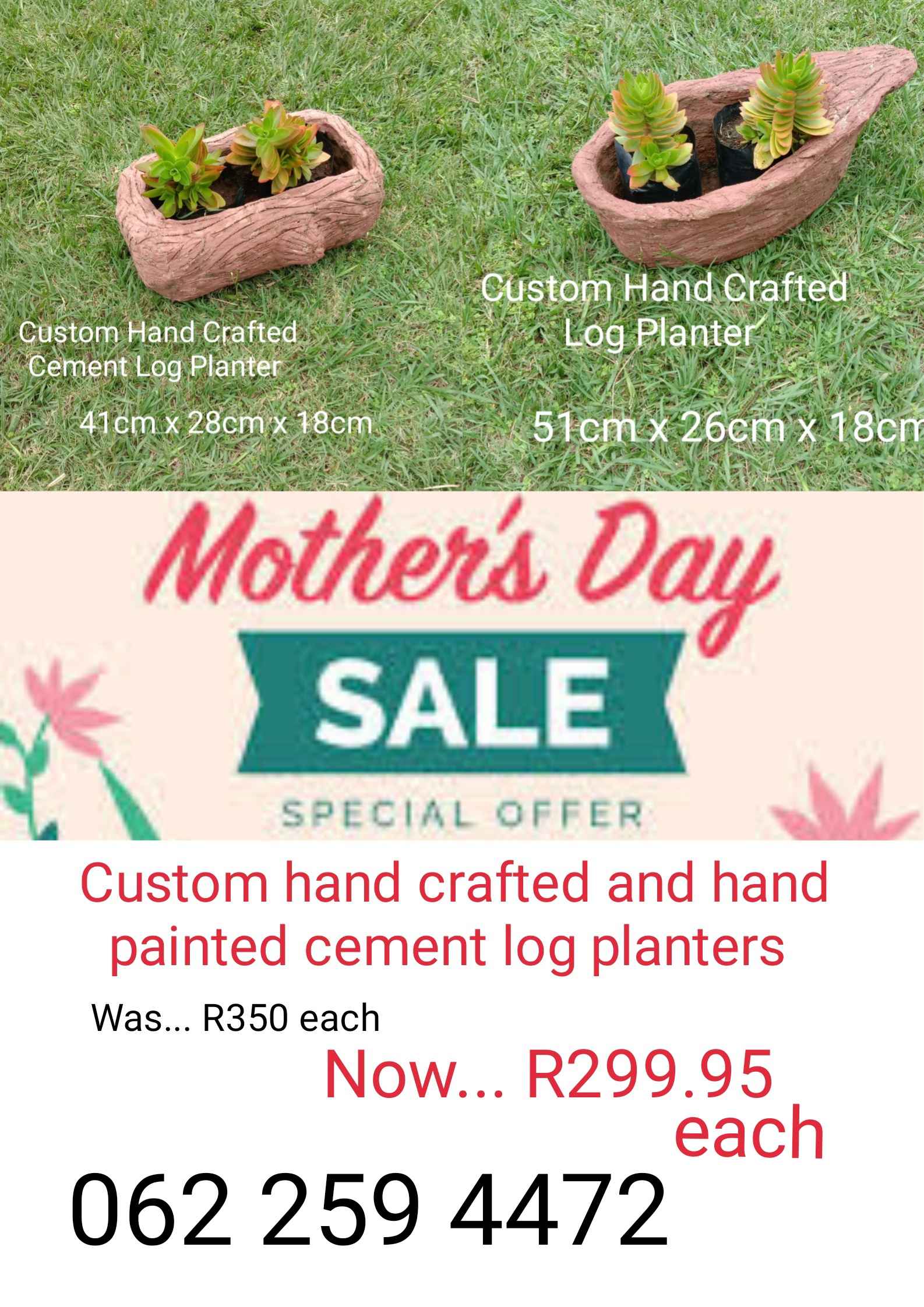 Hand crafted cement Log planters