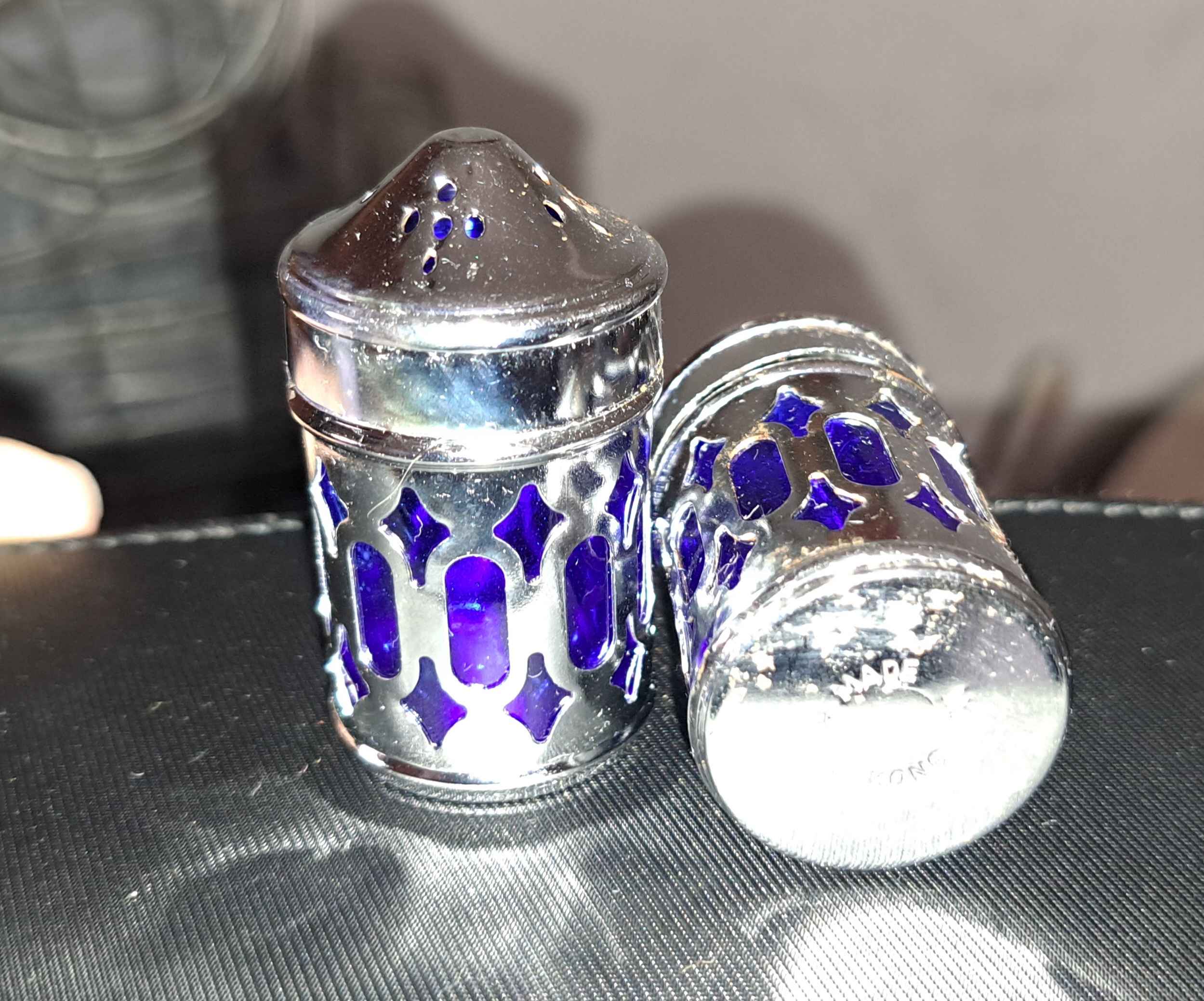 Salt & Pepper Shaker Set - Vintage Cobalt Blue Glass Inserts