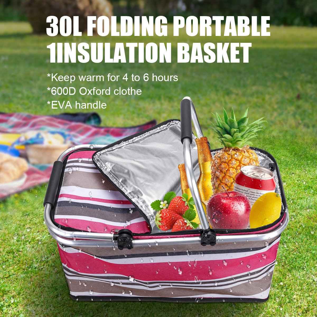 30 L Camping Picnic Basket for 2 Person, Outdoor Insulated Picnic Bag Cooler for Travel, Folding Picnic Storage Basket