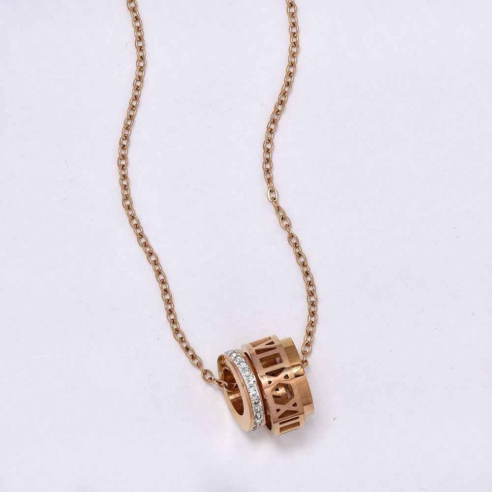 Stainless steel rose gold plated necklace with 3 ring pendant & roman numerals - ABSSN315