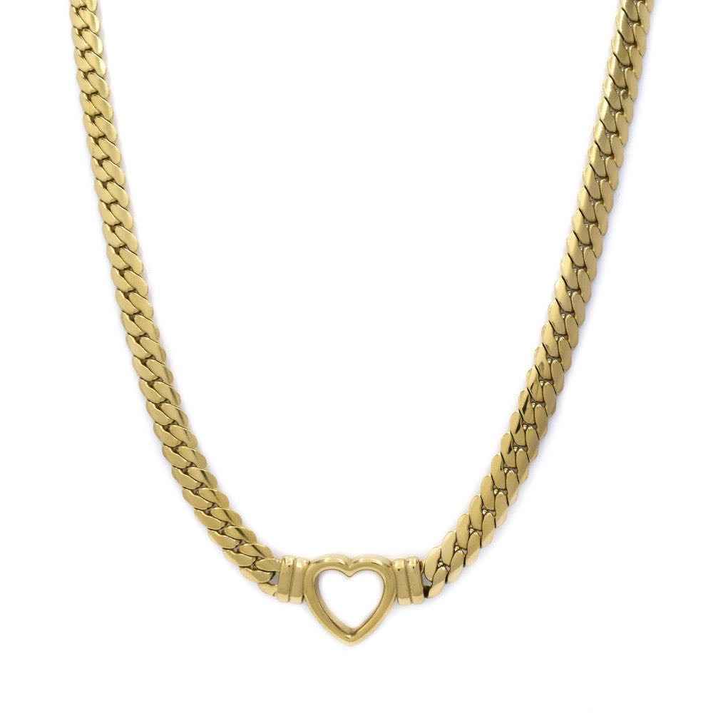 Stainless steel flat curb necklace with heart - SSYN4463