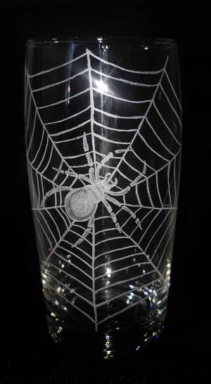 Hand engraved glass spiderweb