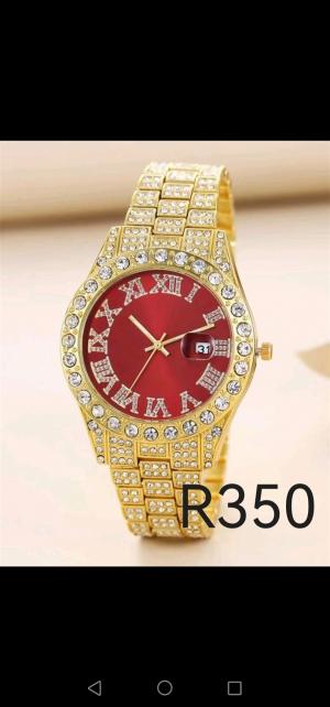 Gold red face bling diamond watch