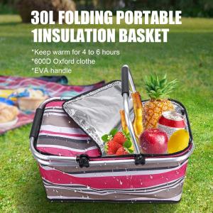 30 L Camping Picnic Basket for 2 Person, Outdoor Insulated Picnic Bag Cooler for Travel, Folding Picnic Storage Basket